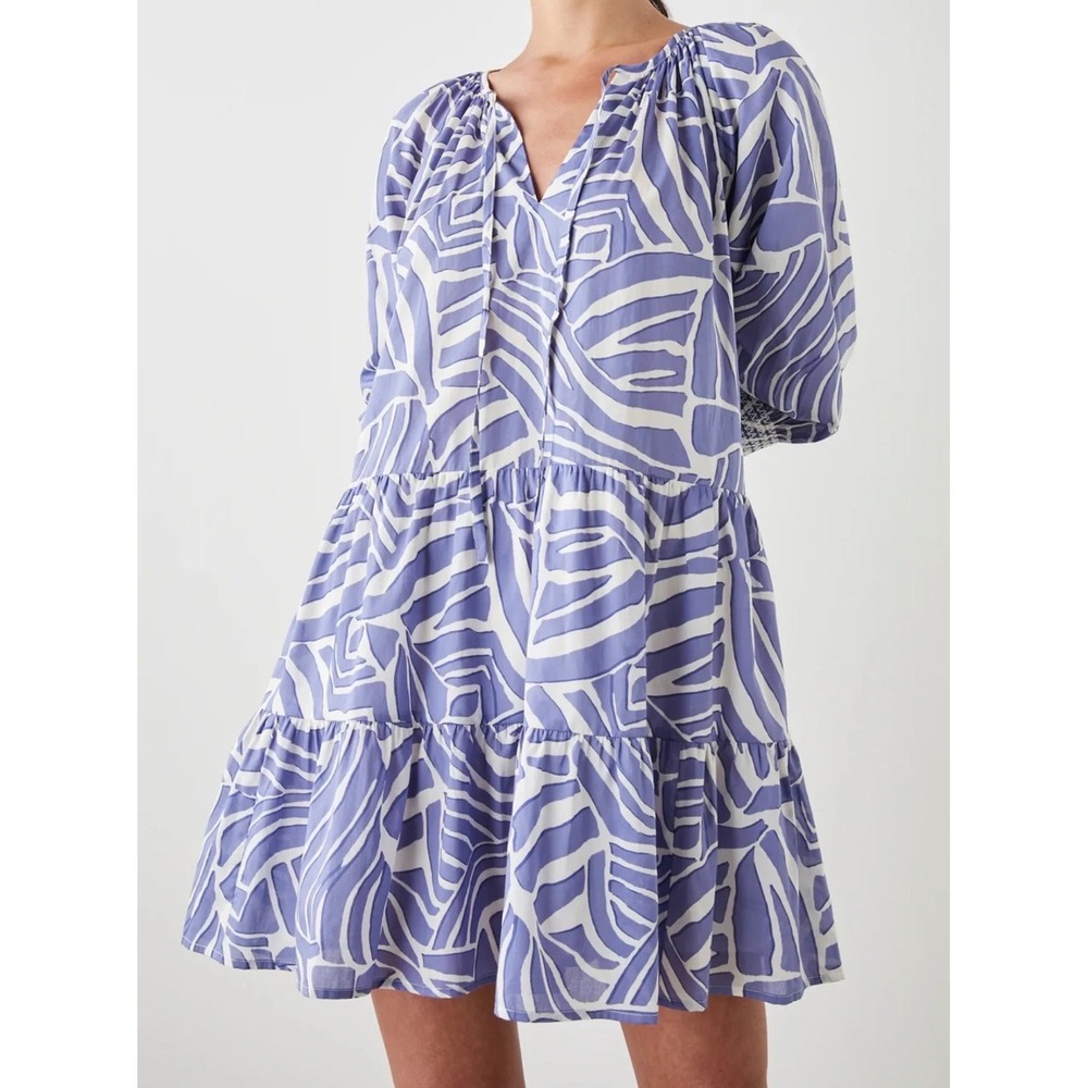 Rails SIA Island Waves Blue White Cotton Tiered Mini Dress 3/4 Sleeves - Large